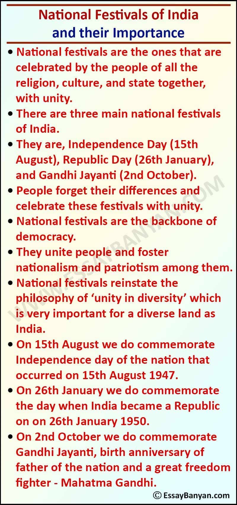 Essay on National Festivals of India for all Class in 100 to 500 Words
